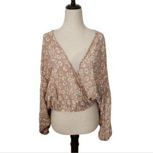 Audrey 3+1 Pink White Floral Long Sleeve Dolman Crop Top Medium